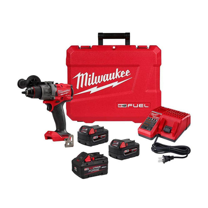Milwaukee M18 FUEL 18V Lithium‑Ion Brushless Cordless 1/2 in. Hammer Drill/Driver Kit w/ (2) XC5.0 & (1) FORGE XC8.0 Batteries, Charger & Case