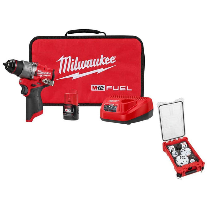 Milwaukee M12 FUEL 12-Volt Li-Ion Brushless Cordless 1/2 in. Hammer Drill with 2.0Ah Battery, Charger & PACKOUT Hole Saw Set (10-Pc)