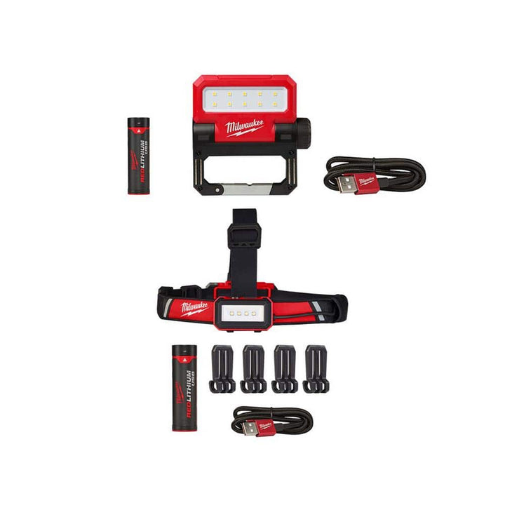 Milwaukee 600 Lumens REDLITHIUM USB Low-Profile Hard Hat Headlamp & 550 Lumens USB Pivoting Flood Light, TRUEVIEW (2-Pack)