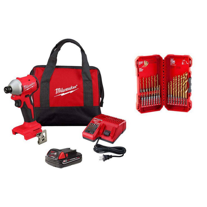 Milwaukee M18 18V Lithium-Ion Compact Brushless Cordless 1/4 in. Impact Driver Kit with 2.0Ah Battery, Charger & 15-Piece Drill Bit Set