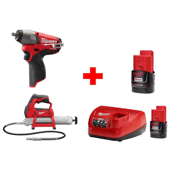Milwaukee M12 12V FUEL 3/8 in. Impact Wrench & Grease Gun Combo Kit with 2 Batteries and Charger (2-Tool)