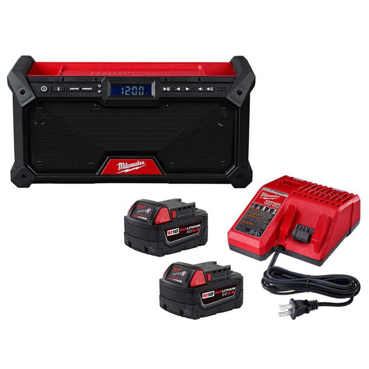 Milwaukee M18 18V Lithium‑Ion Cordless Jobsite Radio with Two 5.0Ah Batteries and Charger (Model 2952-20/48-59-1852B)