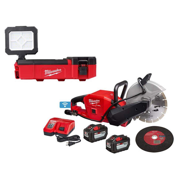 Milwaukee M12 12V Cordless PACKOUT Flood Light + M18 9 in. Cut-Off Saw Kit with (2) 12.0Ah Batteries & Charger
