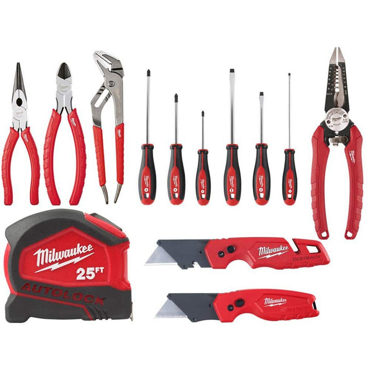 Milwaukee Pliers Kit with Screwdriver Set, 25 ft. Auto-Lock Tape Measure, and FASTBACK Utility Knives Hand Tool Set (13-Piece)