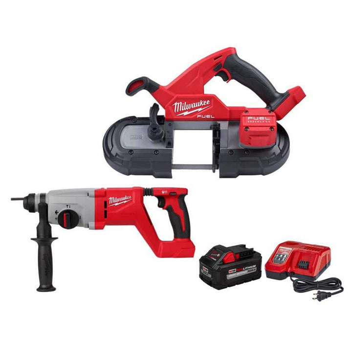 Milwaukee M18 FUEL 18V Lithium-Ion Brushless Cordless Compact Bandsaw w/1 in. SDS Plus Rotary Hammer & 8.0ah Starter Kit