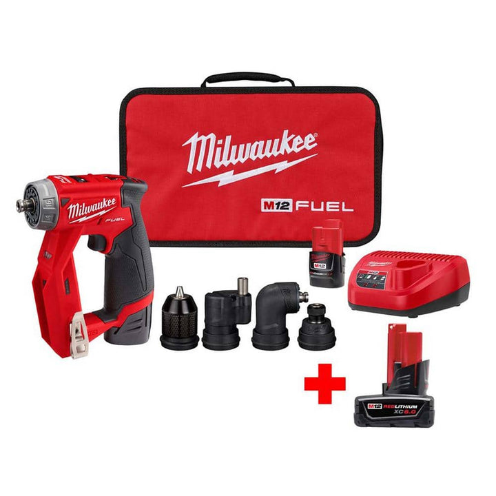 Milwaukee M12 FUEL 12V Li‑Ion Brushless Cordless 4‑in‑1 Installation 3/8 in. Drill/Driver Kit with 4 Heads + PACKOUT Bit Set (60‑Pc)
