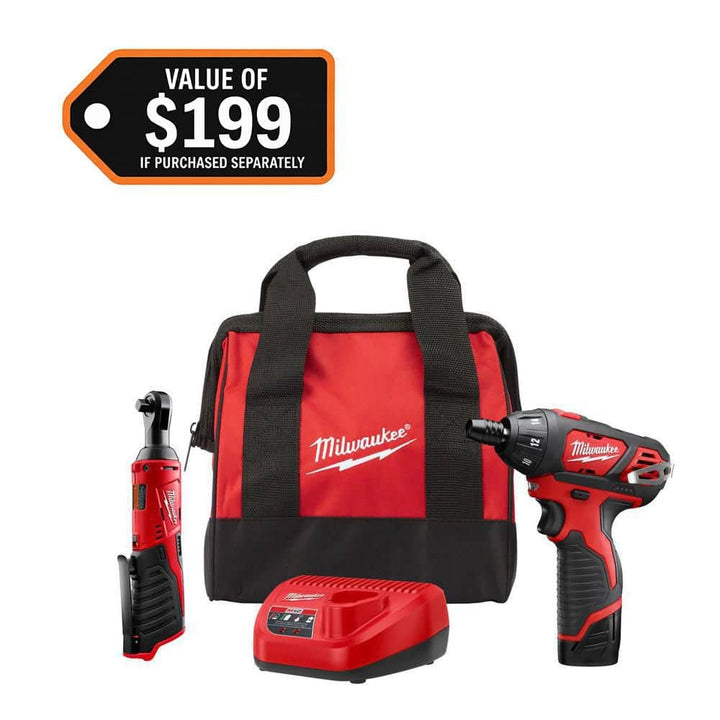 Milwaukee M12 12V Lithium-Ion Cordless 3/8 in. Ratchet & Screwdriver Combo Kit (2-Tool) with Battery, Charger, Bag, Bit Set & PACKOUT