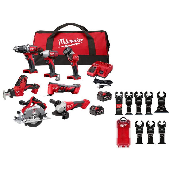 Milwaukee M18 18-Volt Lithium-Ion Cordless 7-Tool Combo Kit with 2 REDLITHIUM XC3.0 Batteries, M18/M12 Charger & Contractor Bag