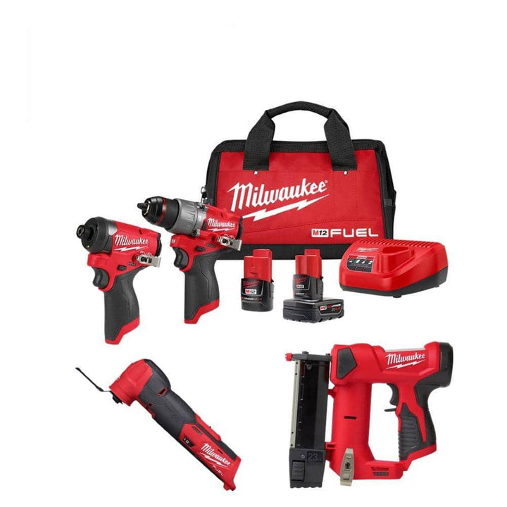 Milwaukee M12 FUEL 12V Cordless Hammer Drill & Impact Driver with M12 23‑Gauge Pin Nailer and M12 FUEL Oscillating Multi‑Tool Combo Kit