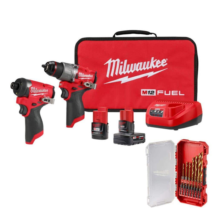 Milwaukee M12 FUEL 12-Volt Li-Ion Brushless Cordless Hammer Drill & Impact Driver Combo Kit (2-Tool) with M12 Right Angle Drill