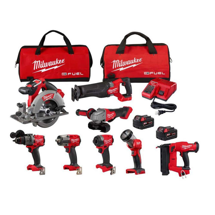 Milwaukee M18 FUEL 18V Lithium‑Ion Brushless Cordless Combo Kit with (2) 5.0 Ah Batteries, 7 Tools + 18‑Ga Brad Nailer
