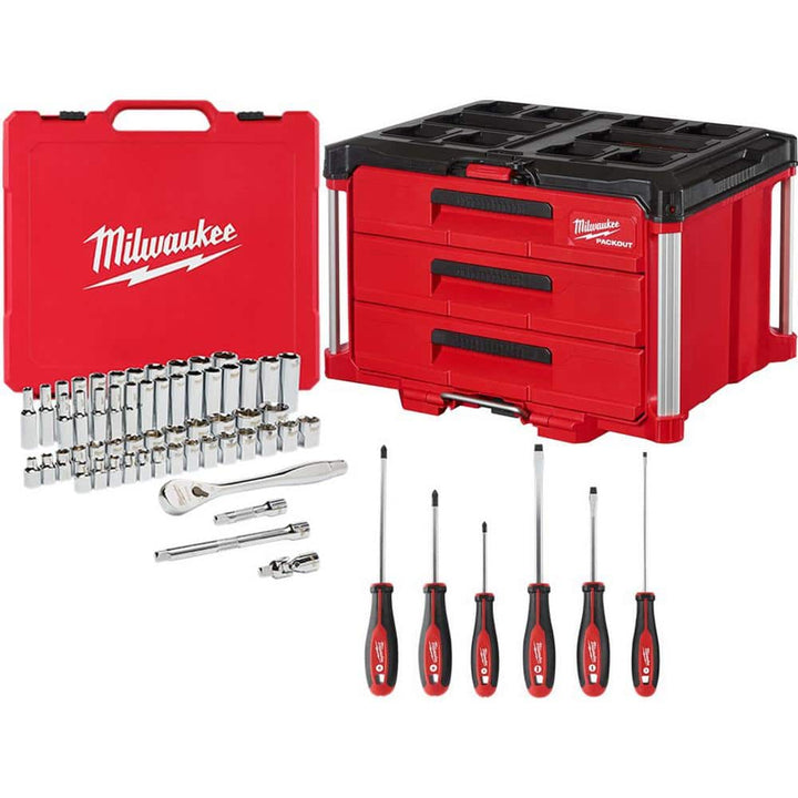 Milwaukee 3/8 in. Drive SAE/Metric Mechanics Tool Set, 62-Piece, with PACKOUT 3-Drawer Tool Box