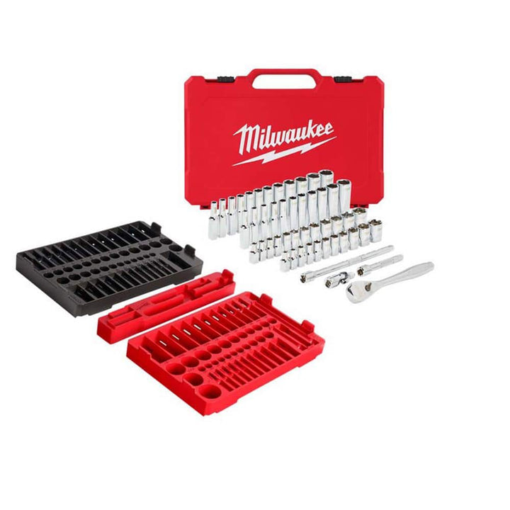 Milwaukee 1/4 in. & 3/8 in. Drive Ratchet/Socket Trays with 1/4 in. Drive SAE/Metric Ratchet & Socket Mechanics Tool Set (53-Piece)