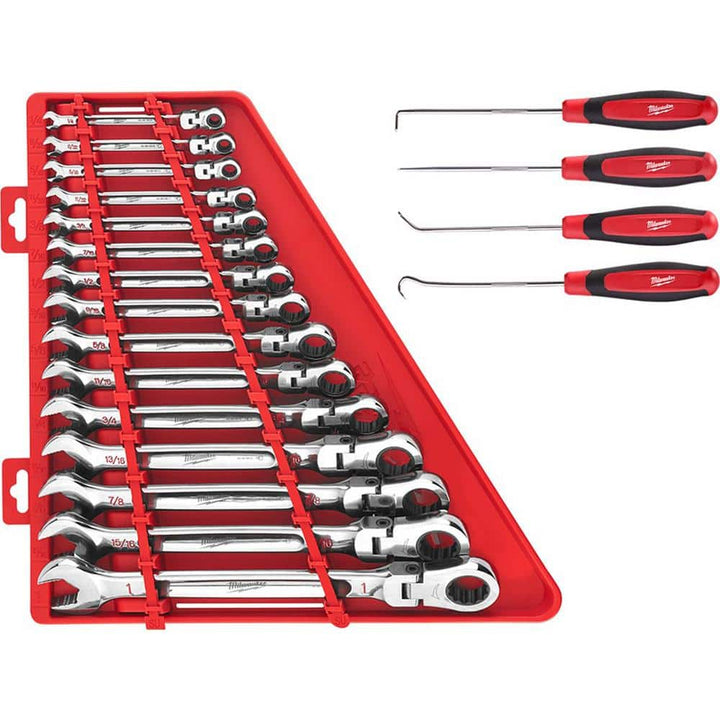Milwaukee 144-Position Flex-Head Ratcheting Combination Wrench Set, SAE, with Hook and Pick Set (19-Piece)