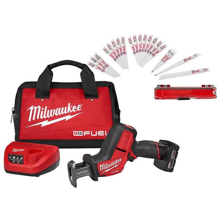Milwaukee M12 FUEL 12V Li-Ion Brushless Cordless HACKZALL Reciprocating Saw Kit with (1) XC 4.0Ah Battery, Charger, Contractor Bag & 25‑Pc Blade Set