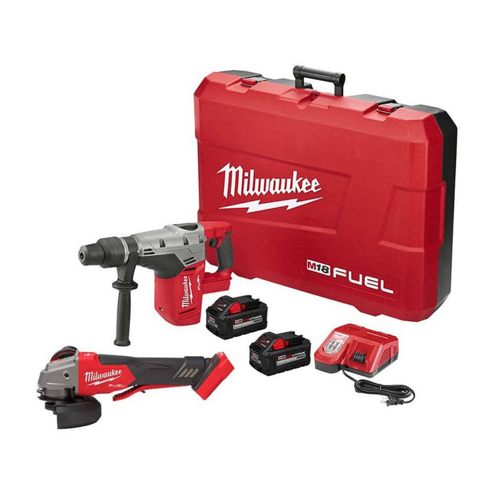 Milwaukee M18 FUEL 18V Lithium-Ion Brushless 1-9/16 in. SDS-Max Rotary Hammer Kit with Two XC8.0 Batteries, Rapid Charger & M18 FUEL Grinder
