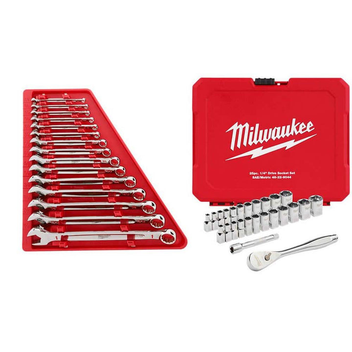 Milwaukee Combination SAE Wrench Set + 1/4 in. Drive SAE/Metric Ratchet & Socket Set (40-Piece)
