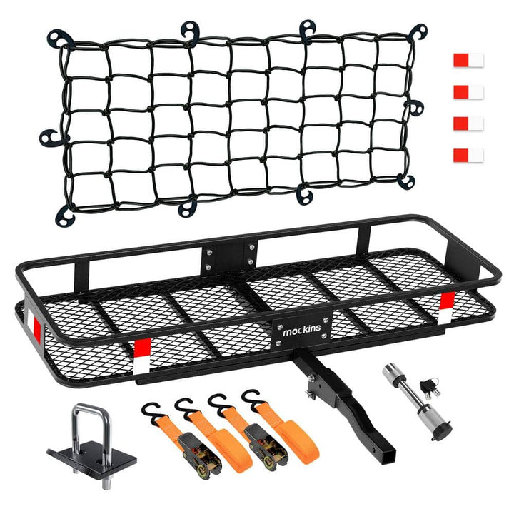 Mockins 500 lbs. Capacity Hitch Mount Cargo Carrier Set with Net, Basket, Straps, Foldable Shank and 2 in. Raise