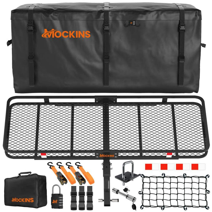 Mockins 500 lbs. Capacity XL Hitch Mount Cargo Carrier Set w/Folding Shank and 2 in. Raise Includes Cargo Bag Net Straps Locks