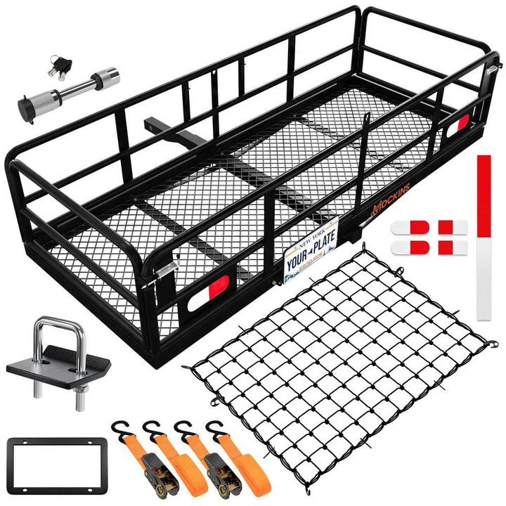 Mockins 500lb. Cap. 60 in. x 24 in. x 14 in. Rustproof High Rail Hitch Mount Cargo Carrier Basket - License Holder, 2 in. Raise