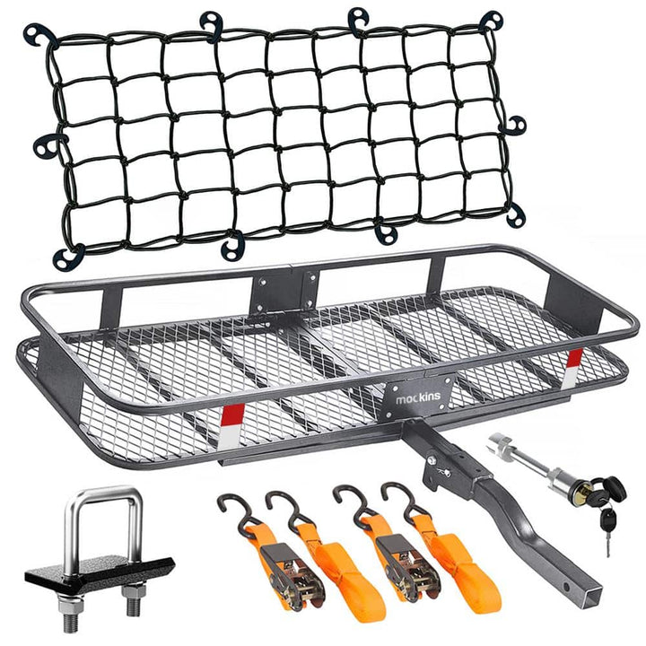 Mockins 60 in. x 24 in. x 6 in. Rustproof Cargo Carrier Hitch Mount 500 lbs. Cap Cargo Basket with Foldable Hitch Armand Net