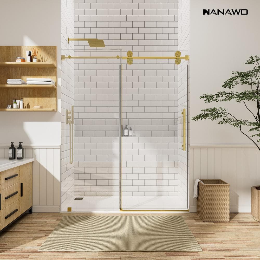 NANAWO 60 in. W x 72 in. H Single Sliding Frameless Shower Door in Brushed Gold with 3/8 in. Clear Glass