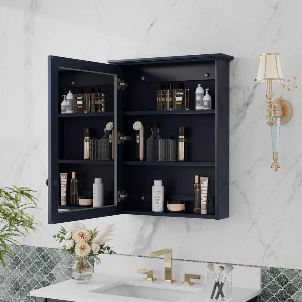 ANGELES HOME 24 in. W x 30 in. H Medium Rectangular Navy Blue Solid Wood Frame Surface Mount Soft Close Medicine Cabinet with Mirror