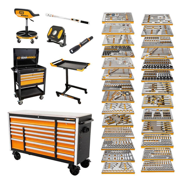 GEARWRENCH MEGAMOD 72 in. x 25 in. 18-Drawer Mobile Workbench Cabinet with Master Mechanics Tool Set in Foam Trays (1,268-Pieces)