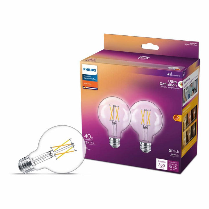 Philips 40-Watt Equivalent G25 Dimmable LED Light Bulb, Clear Glass, Warm Glow Effect, 2700K (2-Pack)