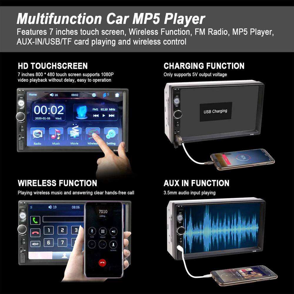 phyfalip 7 in. Universal Wireless Car MP5 1080P Video Player