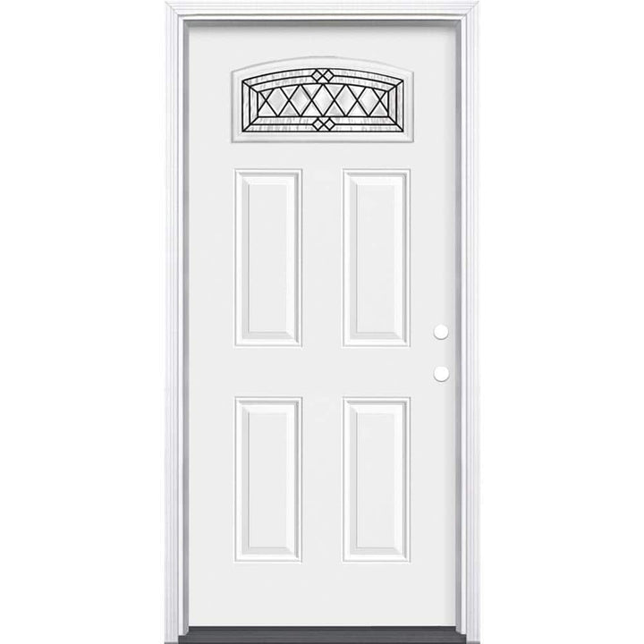 Masonite 36 in. x 80 in. Halifax Camber Fan Lite Left-Hand Inswing Primed Steel Prehung Exterior Front Door with Brickmold