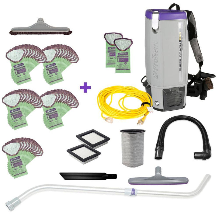 ProTeam Super Coach Pro 10, 10 qt. Backpack Vacuum Cleaner with Multi-Surface Telescoping Wand Kit, Floor Tool, 52 Filter Bags
