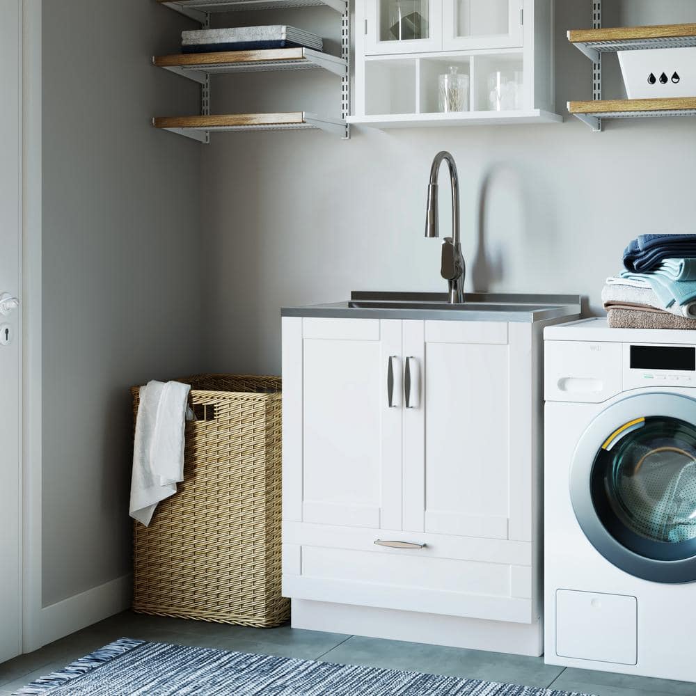 Simpli Home Reed All-in-One 28 in. Utility Laundry Sink with Cabinet in Pure White