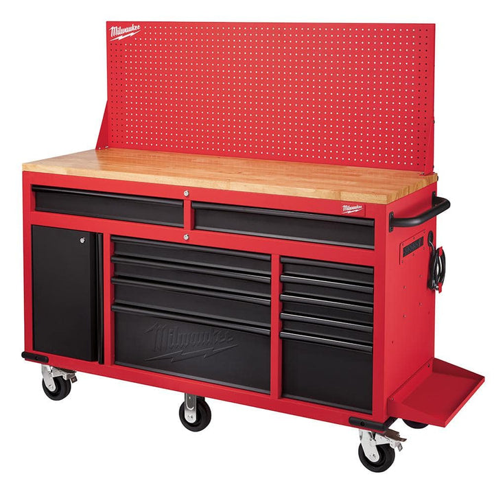 Milwaukee 61 in. Mobile Workbench, 11-Drawer/1-Door, 22 in. D with Sliding Pegboard Back Wall, Red/Black