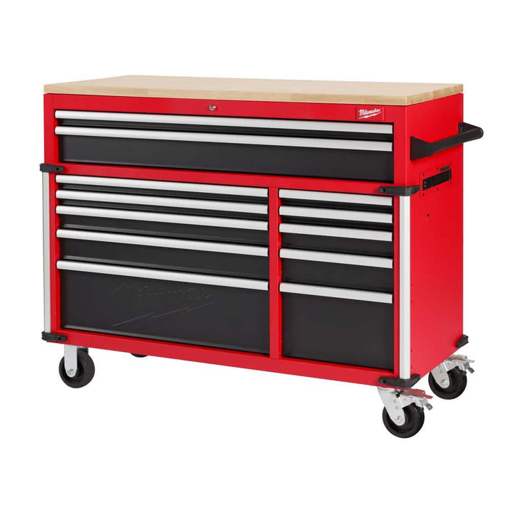 Milwaukee Tool Storage 52 in. W x 22.1 in. D Heavy-Duty Red Mobile Workbench Cabinet, 12-Drawer, Wood Top