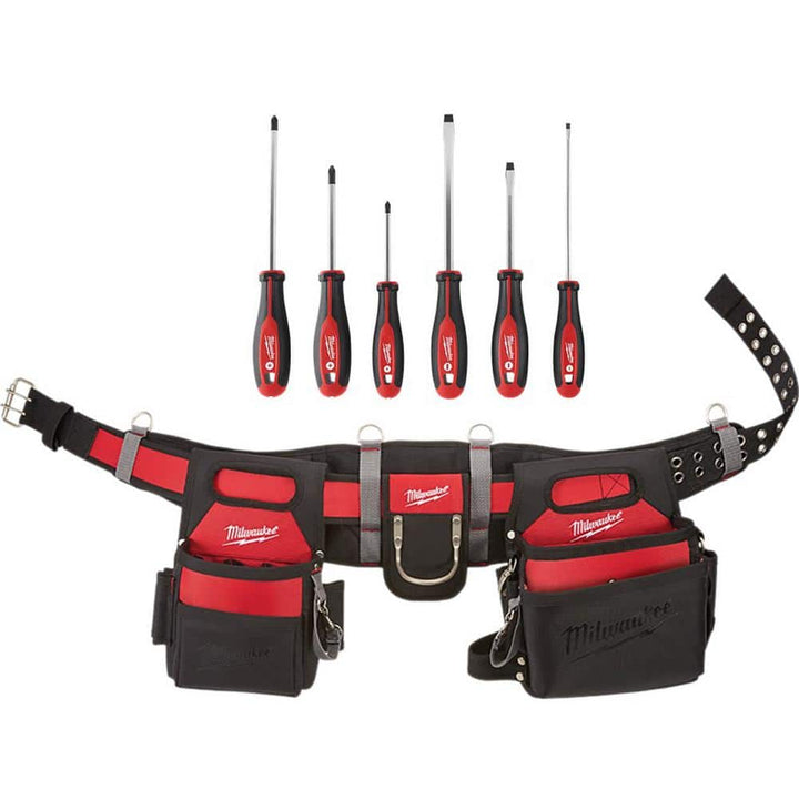 Milwaukee Adjustable Electricians Work Waist Tool Belt with 6-Piece Screwdriver Set, 29 Pockets, 1680D Nylon