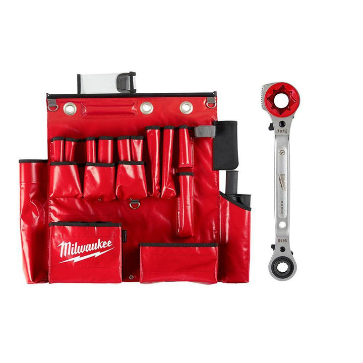 Milwaukee Lineman's Aerial Tool Apron with 5-in-1 Ratcheting Wrench, Milled Strike Face, Red — Model 48-22-8290 & 48-22-9216M (2-Piece)