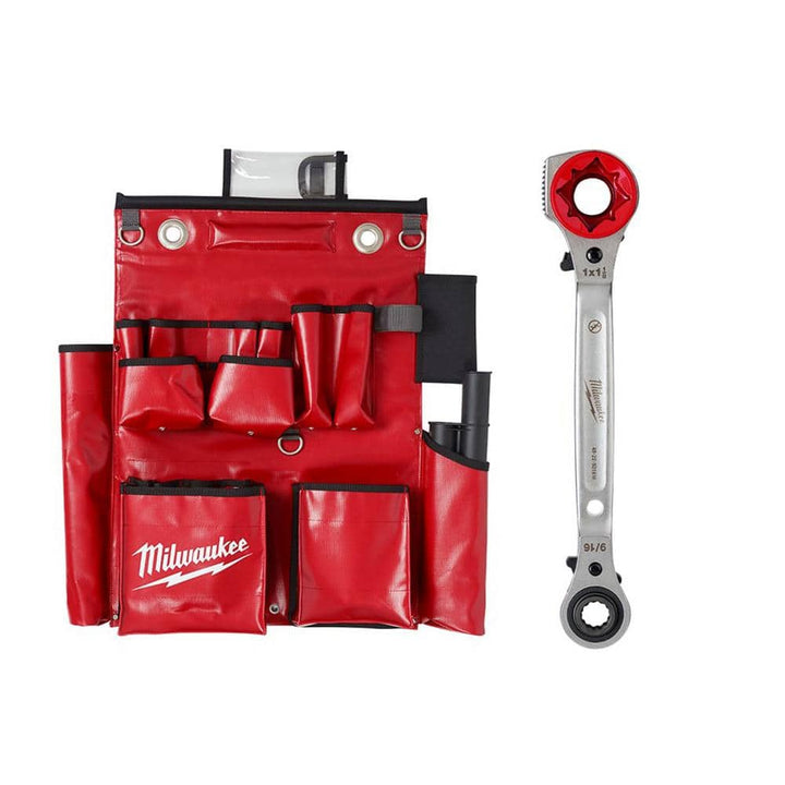 Milwaukee Lineman's Compact Aerial Tool Apron with Lineman's 5-in-1 Ratcheting Wrench, Milled Strike Face, 2-Piece