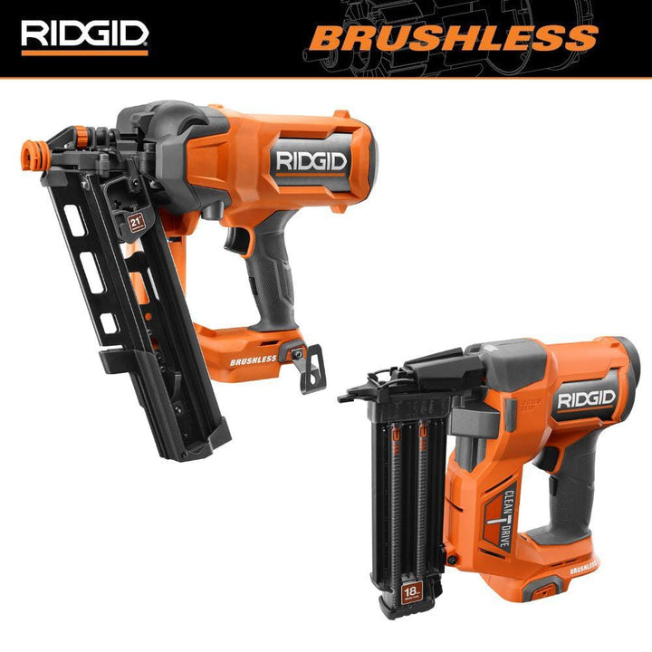 RIDGID 18V Brushless Cordless 21° 3-1/2 in. Framing Nailer & 18V Brushless Cordless 18-Gauge 2-1/8 in. Brad Nailer (Tools Only)