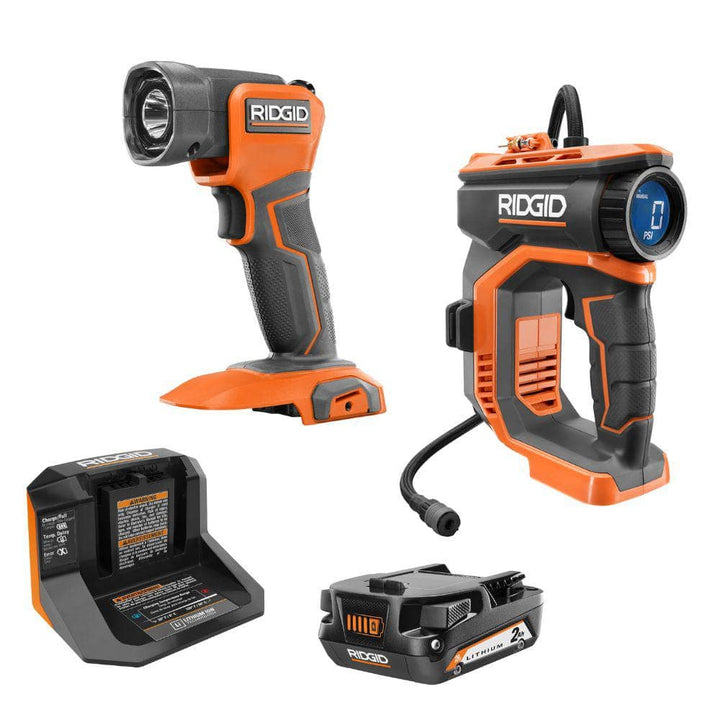 RIDGID 18V Cordless Digital Inflator Kit with 2.0 Ah Battery and Charger with 18V Cordless LED Work Light
