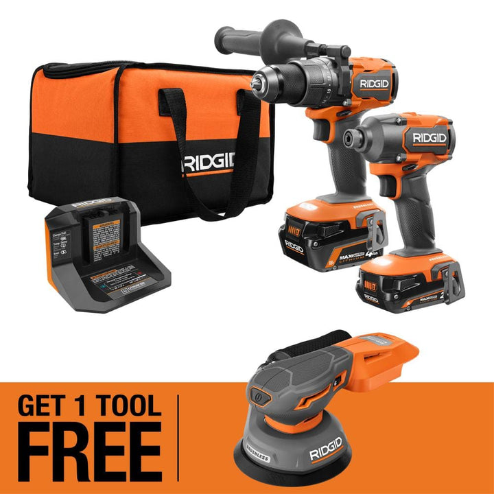 RIDGID 18V Brushless Cordless 2-Tool Combo Kit w/ (2) Batteries, Charger, Bag &FREE 18V Subcompact Brushless Low Profile Sander