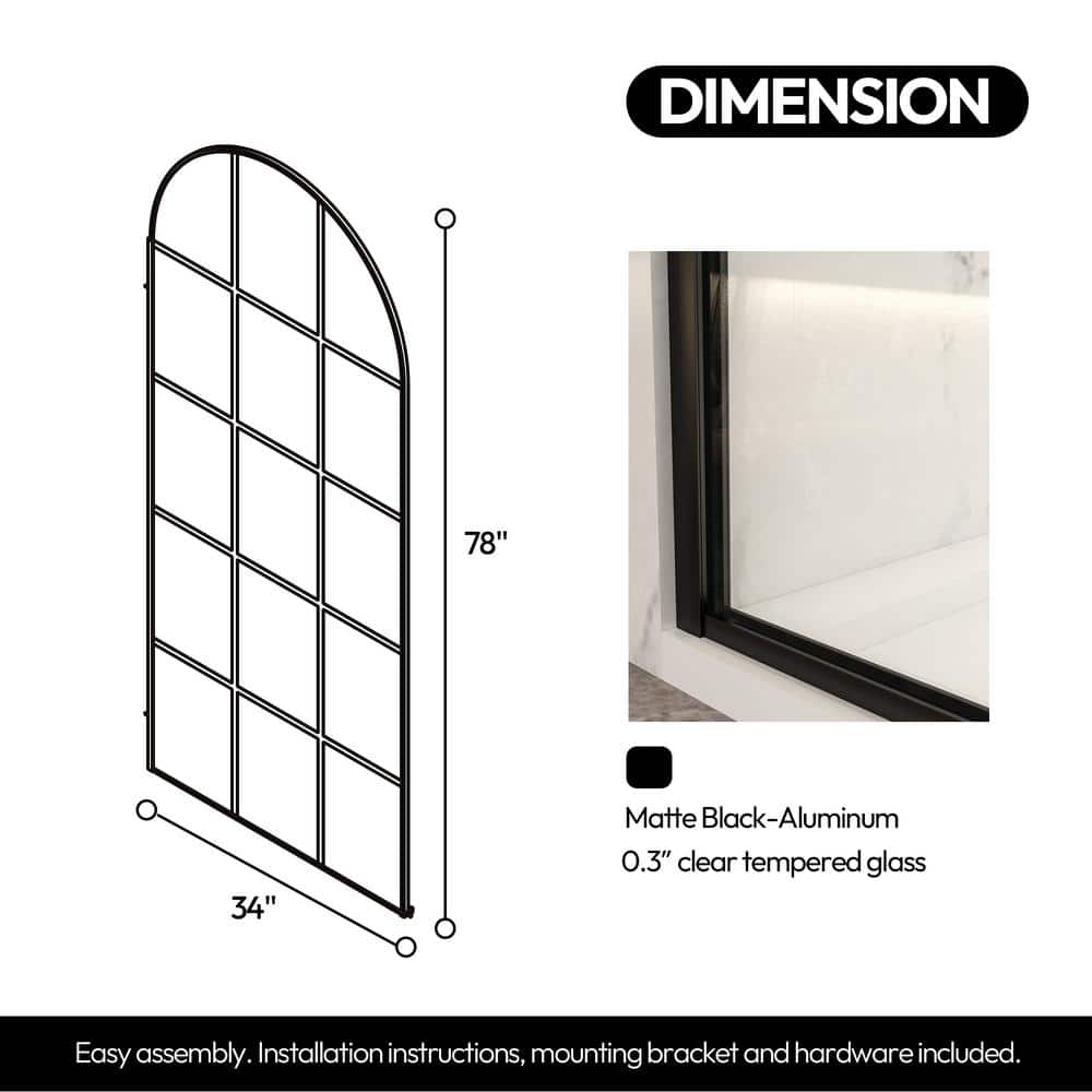 ROSWELL Aranaz 34 in. W x 78 in. H Fixed Single Panel Framed Shower Door in Matte Black with Clear Glass