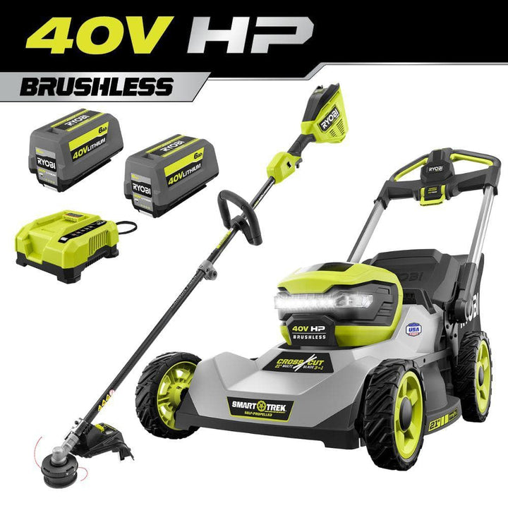 RYOBI 40-Volt HP Brushless 21 in. Cordless Walk Behind Multi-Blade Self-Propelled Mower & Trimmer - 2 Batteries and 2 Chargers