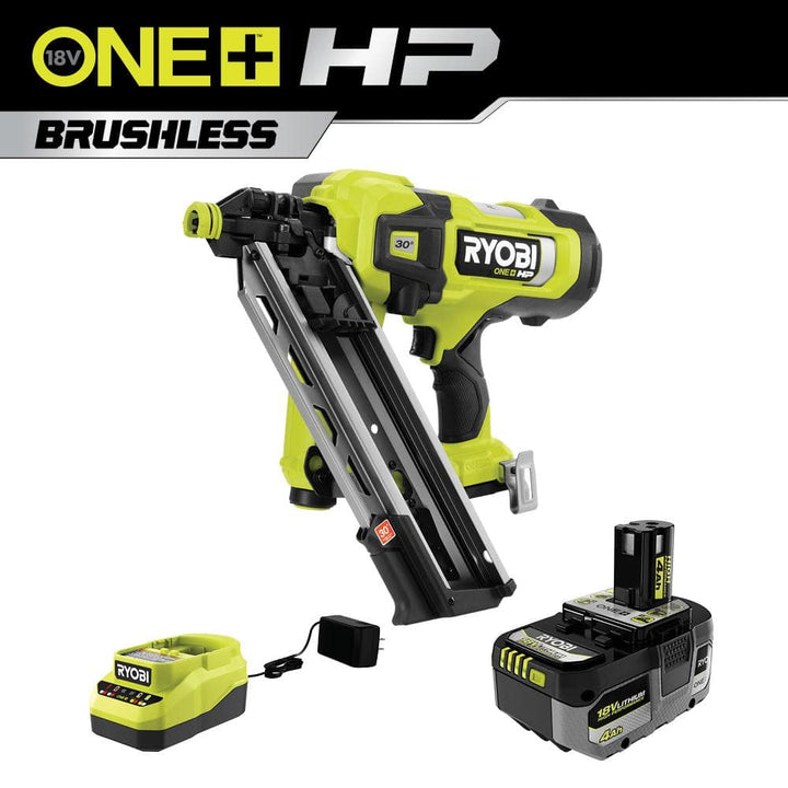 RYOBI ONE+ HP 18V Brushless Cordless 30° Framing Nailer Kit with 4.0 Ah HIGH PERFORMANCE Battery and Charger
