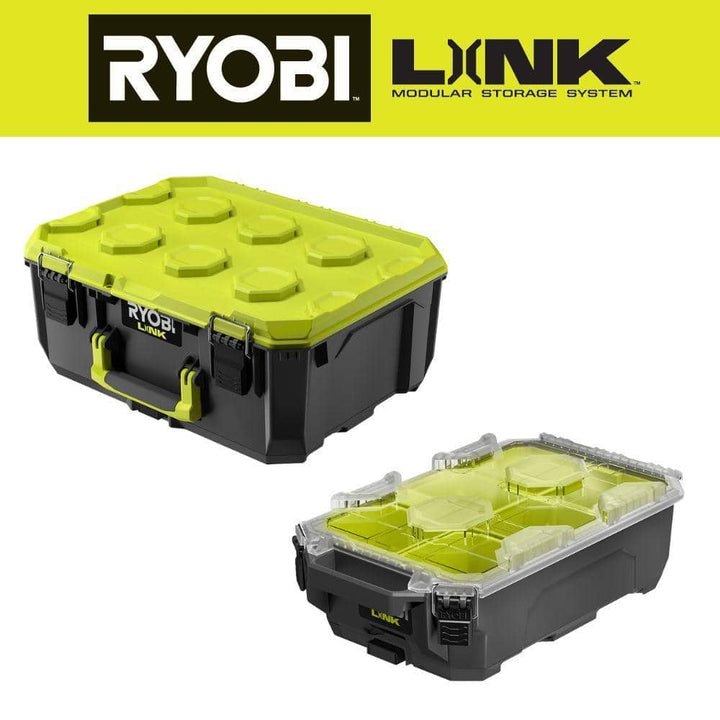 RYOBI LINK Medium Tool Box with LINK Compact 6-Compartment Modular Small Parts Organizer Tool Box