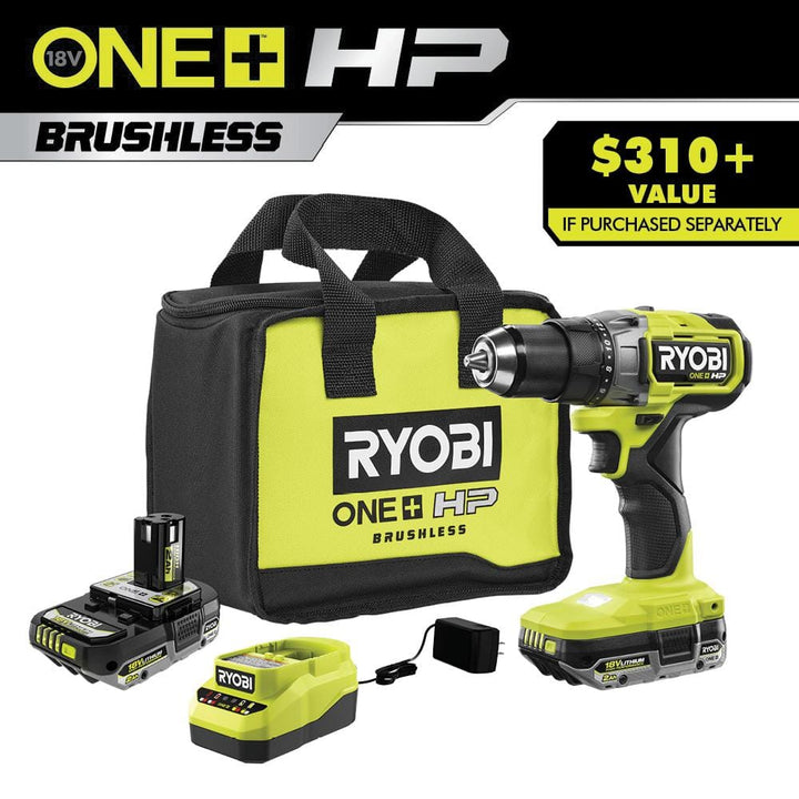 RYOBI 18-Volt ONE+ HP Brushless 1/2 in. Drill/Driver Kit with (2) 2.0 Ah Batteries, Charger, and Bag