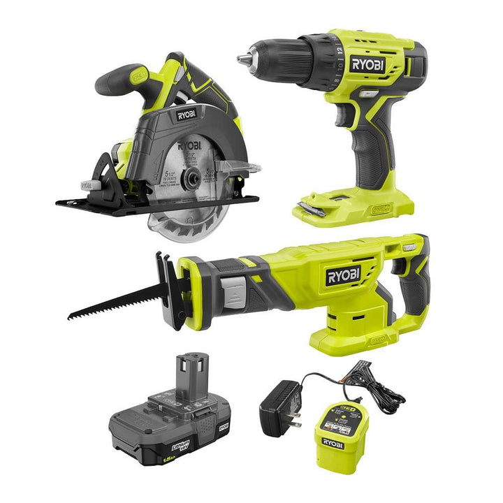 RYOBI ONE+ 18V Lithium-Ion Cordless 3-Tool Combo Kit with Drill/Driver, Circular Saw, Reciprocating Saw, (1) 1.5 Ah Battery and Charger