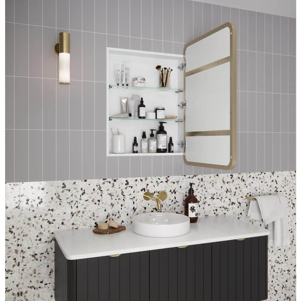 Glass Warehouse Calla 22 in. W x 32 in. H x 5 in. D Recessed Medicine Cabinet in Satin Brass with Mirror