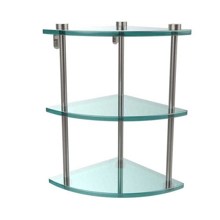 Allied Brass 8 in. L x 15 in. H x 8 in. W 3-Tier Corner Clear Glass Bathroom Shelf in Satin Nickel