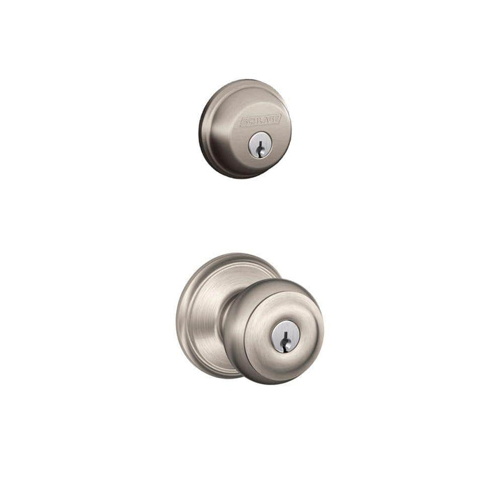 Schlage Satin Nickel Single Cylinder Deadbolt with Georgian Keyed Entry Door Knob Combo Pack